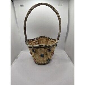 Small Childs Basket with Flowers Adorning the Outside of Basket Colorful Vintage